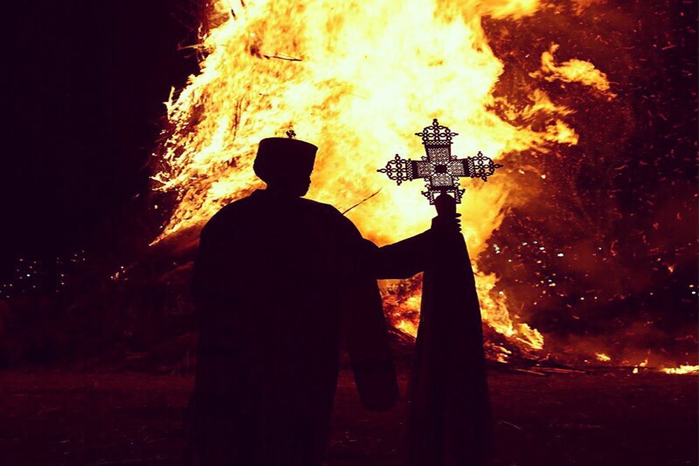 The blazing Demera bonfire during the Meskel festival in Ethiopia.